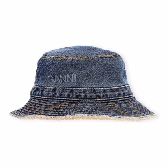 NEW Ganni Logo Organic Cotton Denim Bucket Hat XS/S - Picture 1 of 15